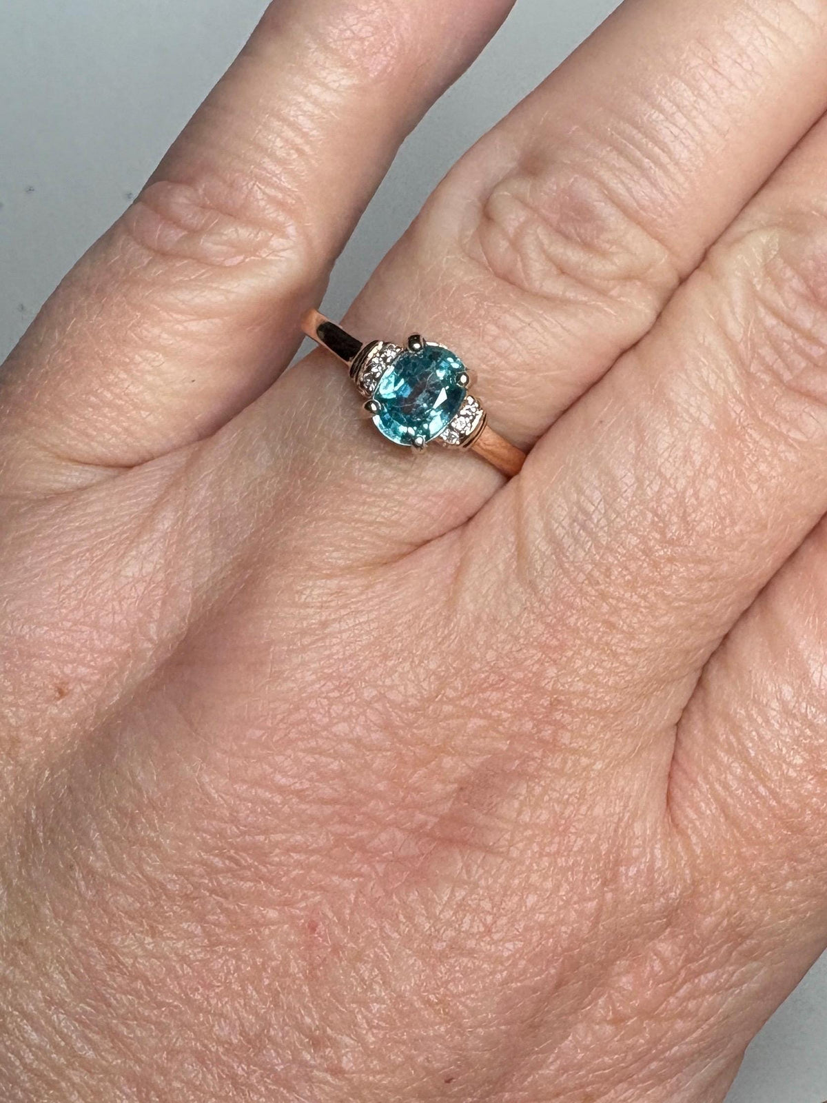 Natural Blue Zircon and Diamond Ring Solid 10k Rose Gold size 9 - NewLifeJewelryVault
