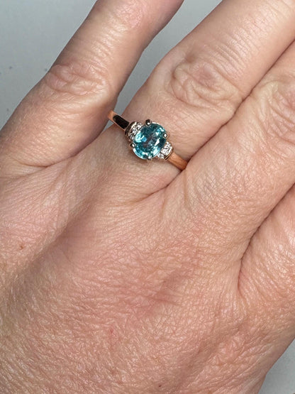 Natural Blue Zircon and Diamond Ring Solid 10k Rose Gold size 9 - NewLifeJewelryVault