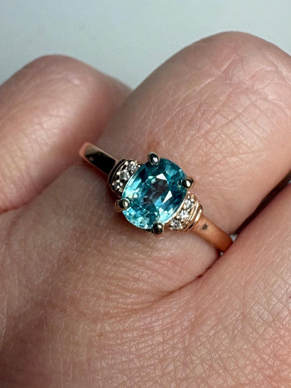 Natural Blue Zircon and Diamond Ring Solid 10k Rose Gold size 9 - NewLifeJewelryVault
