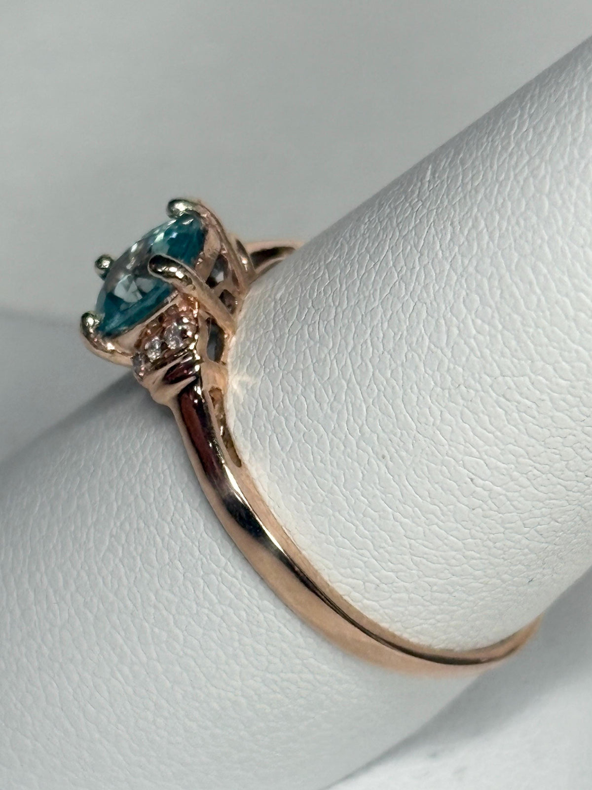 Natural Blue Zircon and Diamond Ring Solid 10k Rose Gold size 9 - NewLifeJewelryVault