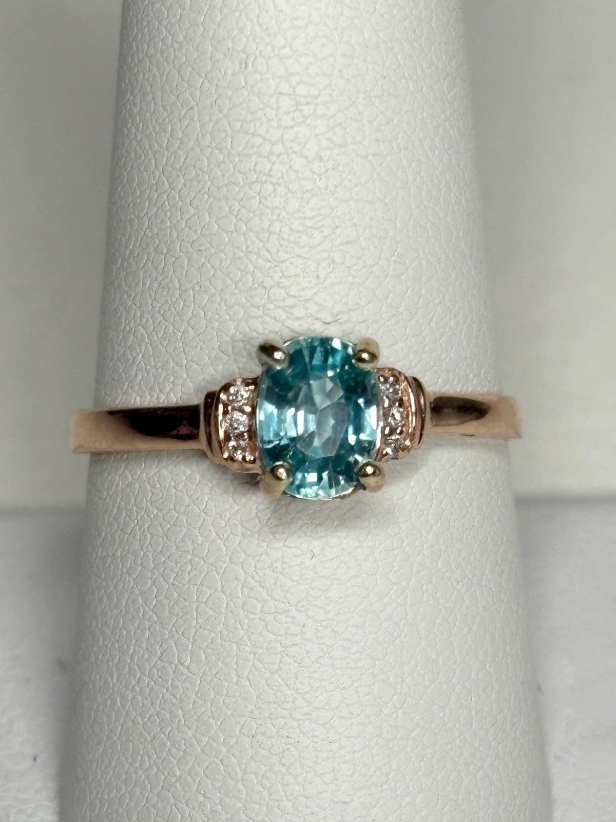 Natural Blue Zircon and Diamond Ring Solid 10k Rose Gold size 9 - NewLifeJewelryVault