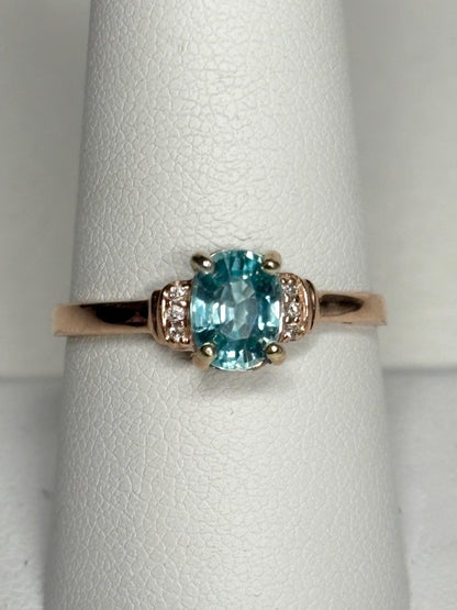 Natural Blue Zircon and Diamond Ring Solid 10k Rose Gold size 9 - NewLifeJewelryVault