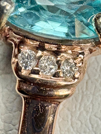 Natural Blue Zircon and Diamond Ring Solid 10k Rose Gold size 9 - NewLifeJewelryVault