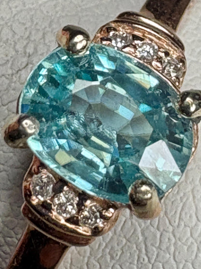 Natural Blue Zircon and Diamond Ring Solid 10k Rose Gold size 9 - NewLifeJewelryVault
