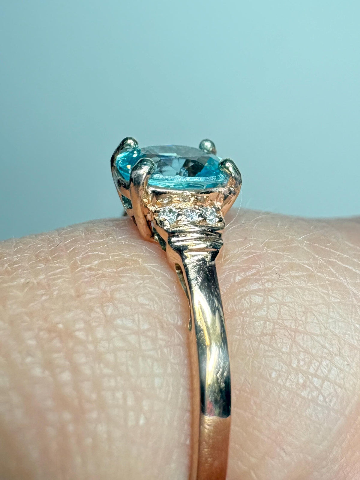 Natural Blue Zircon and Diamond Ring Solid 10k Rose Gold size 9 - NewLifeJewelryVault