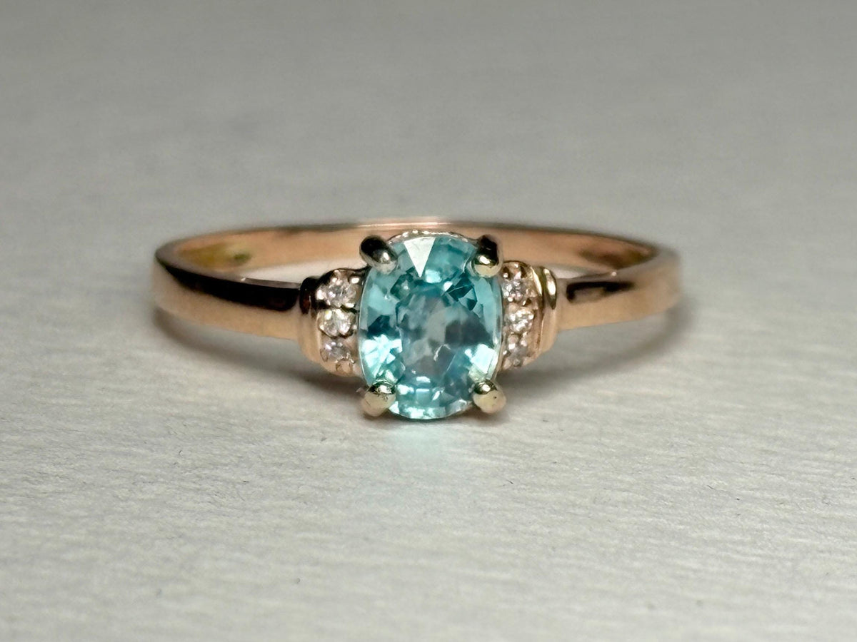 Natural Blue Zircon and Diamond Ring Solid 10k Rose Gold size 9 - NewLifeJewelryVault