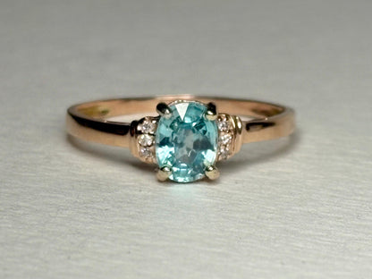Natural Blue Zircon and Diamond Ring Solid 10k Rose Gold size 9 - NewLifeJewelryVault