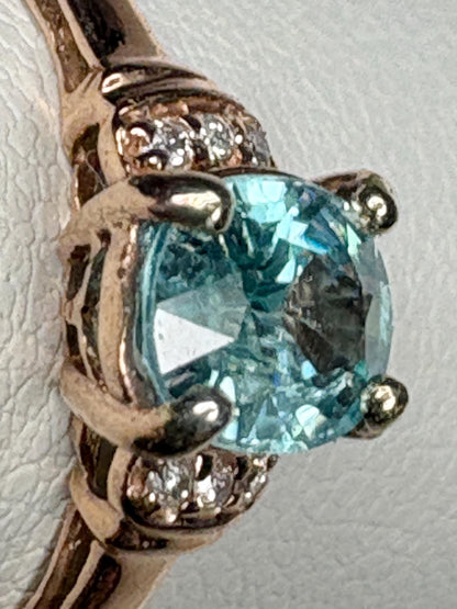 Natural Blue Zircon and Diamond Ring Solid 10k Rose Gold size 9 - NewLifeJewelryVault
