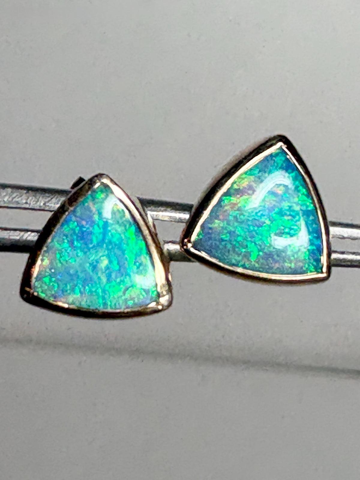 Australian Opal Bezel Set Triangular Stud Earrings in Solid 14k Gold 6mm - NewLifeJewelryVault