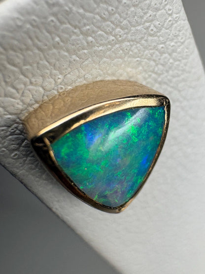 Australian Opal Bezel Set Triangular Stud Earrings in Solid 14k Gold 6mm - NewLifeJewelryVault