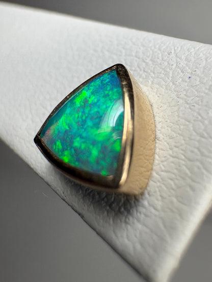 Australian Opal Bezel Set Triangular Stud Earrings in Solid 14k Gold 6mm - NewLifeJewelryVault