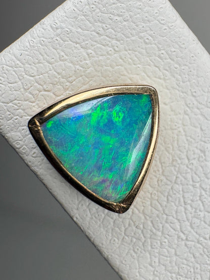 Australian Opal Bezel Set Triangular Stud Earrings in Solid 14k Gold 6mm - NewLifeJewelryVault