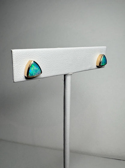 Australian Opal Bezel Set Triangular Stud Earrings in Solid 14k Gold 6mm - NewLifeJewelryVault