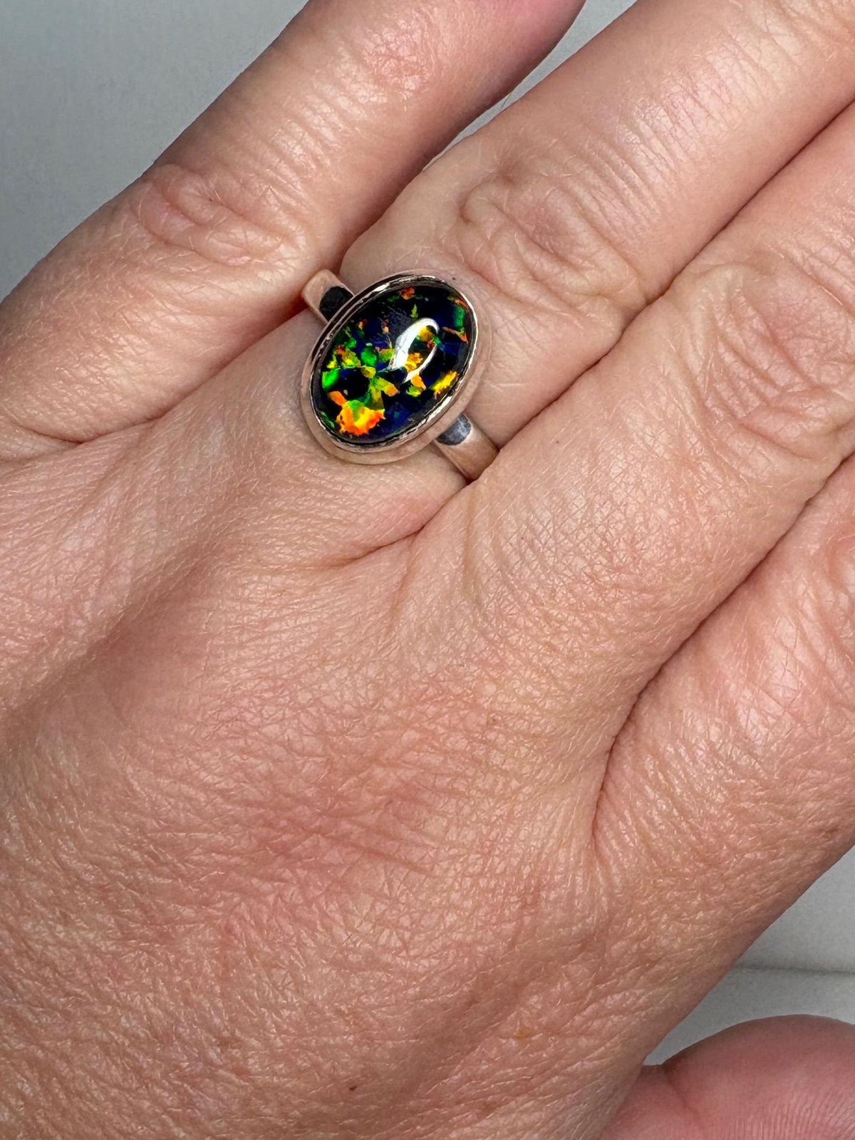 Synthetic Opal Triplet Bezel Set Solitaire Ring in Sterling Silver size 7 - NewLifeJewelryVault