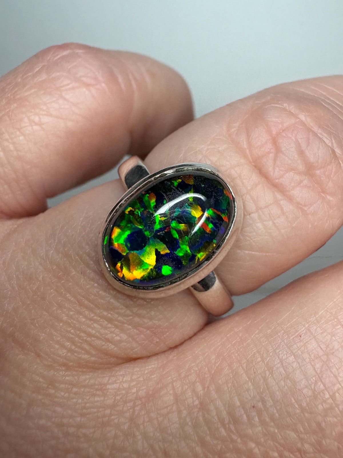 Synthetic Opal Triplet Bezel Set Solitaire Ring in Sterling Silver size 7 - NewLifeJewelryVault