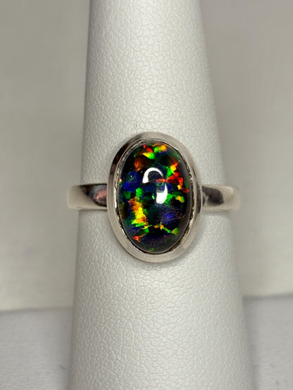 Synthetic Opal Triplet Bezel Set Solitaire Ring in Sterling Silver size 7 - NewLifeJewelryVault