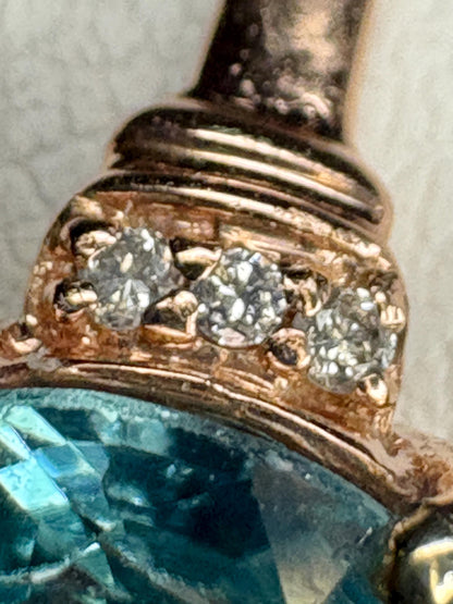 Natural Blue Zircon and Diamond Ring Solid 10k Rose Gold size 9 - NewLifeJewelryVault
