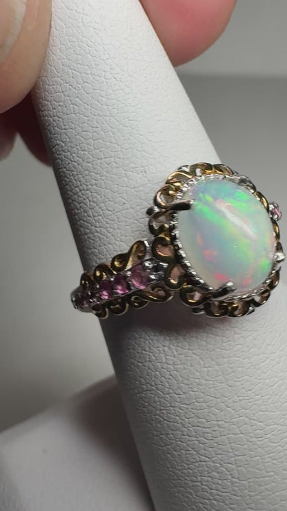 Ethiopian Wello Opal and Pink Tourmaline Ring Sterling Silver Gold Accents size 7