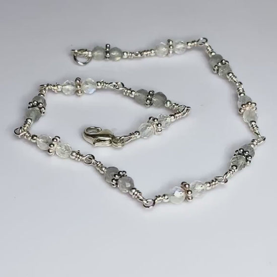 Blue Sheen Moonstone and Labradorite Sterling silver beaded bracelet 8”