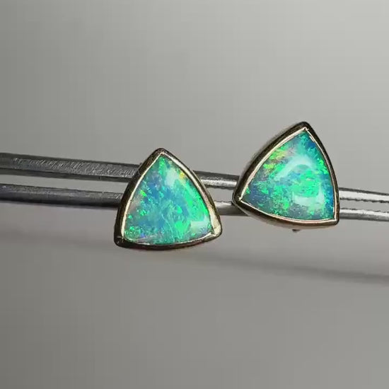 Australian Opal Bezel Set Triangular Stud Earrings in Solid 14k Gold 6mm