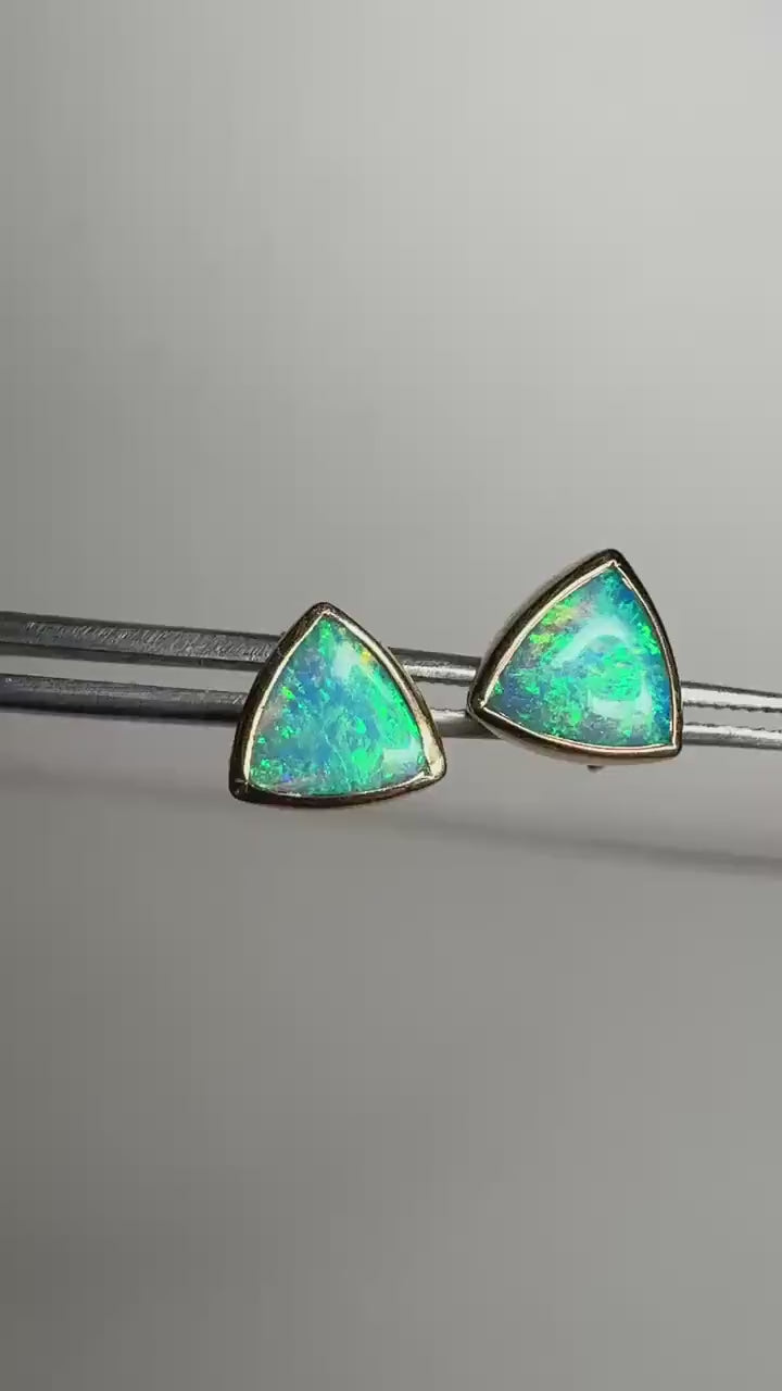 Australian Opal Bezel Set Triangular Stud Earrings in Solid 14k Gold 6mm