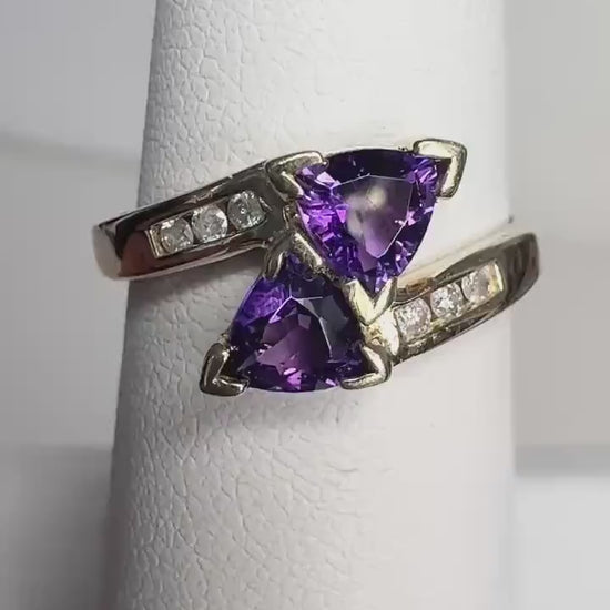 Amethyst Trillion Bypass Ring with Diamonds in Solid 10k Gold size 6