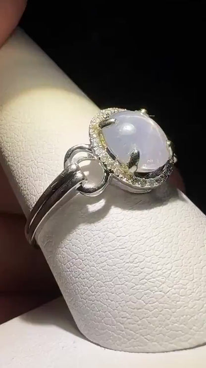 White Star Sapphire and Diamond Halo Ring Solid 14k White Gold size 9.25