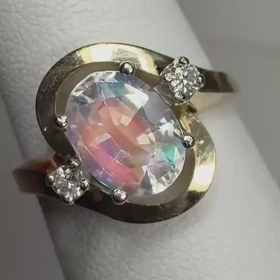 Madagascar Rainbow Moonstone and Diamond Ring Solid 14k Gold size 6.25