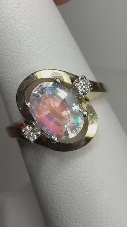 Madagascar Rainbow Moonstone and Diamond Ring Solid 14k Gold size 6.25