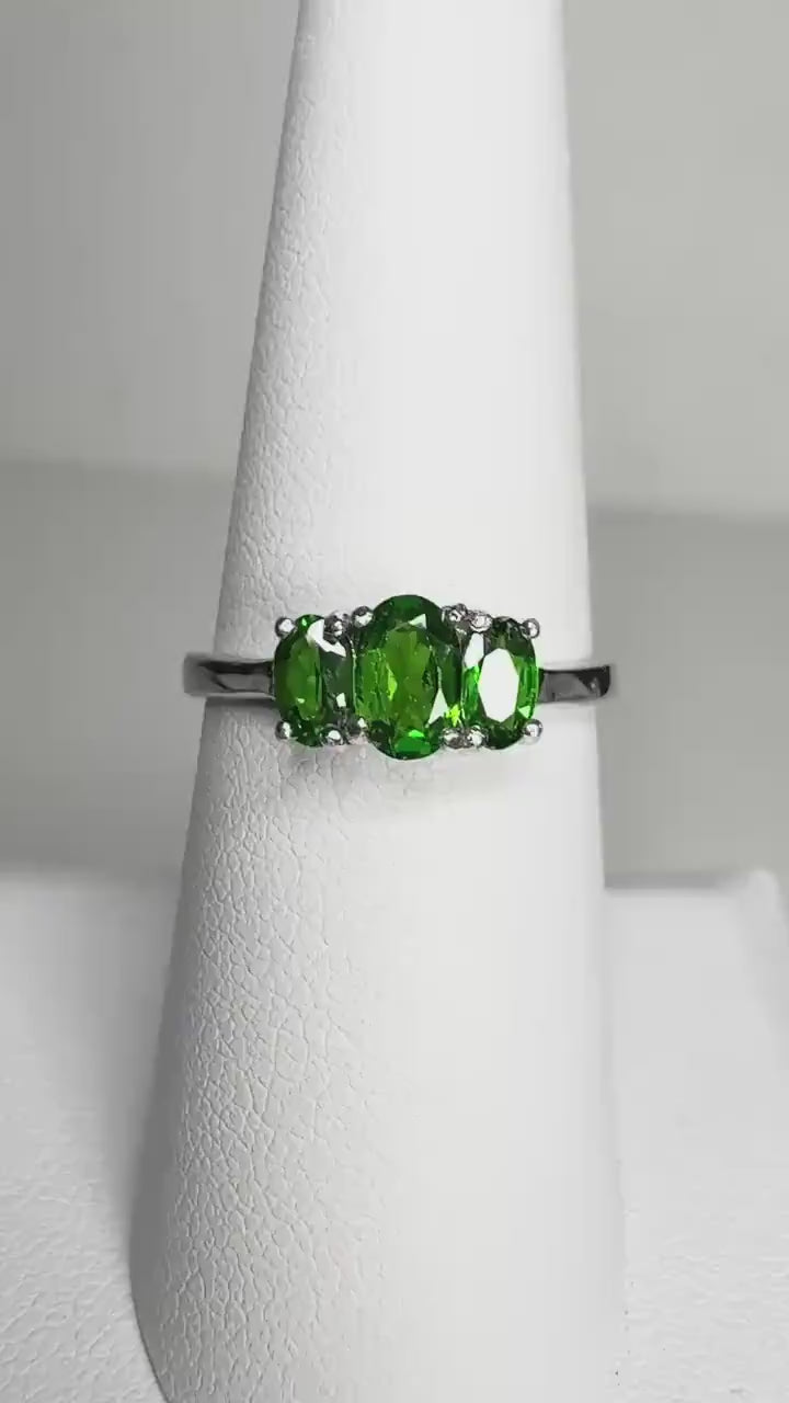 Chrome Diopside 3 stone trilogy Ring in Sterling silver size 7