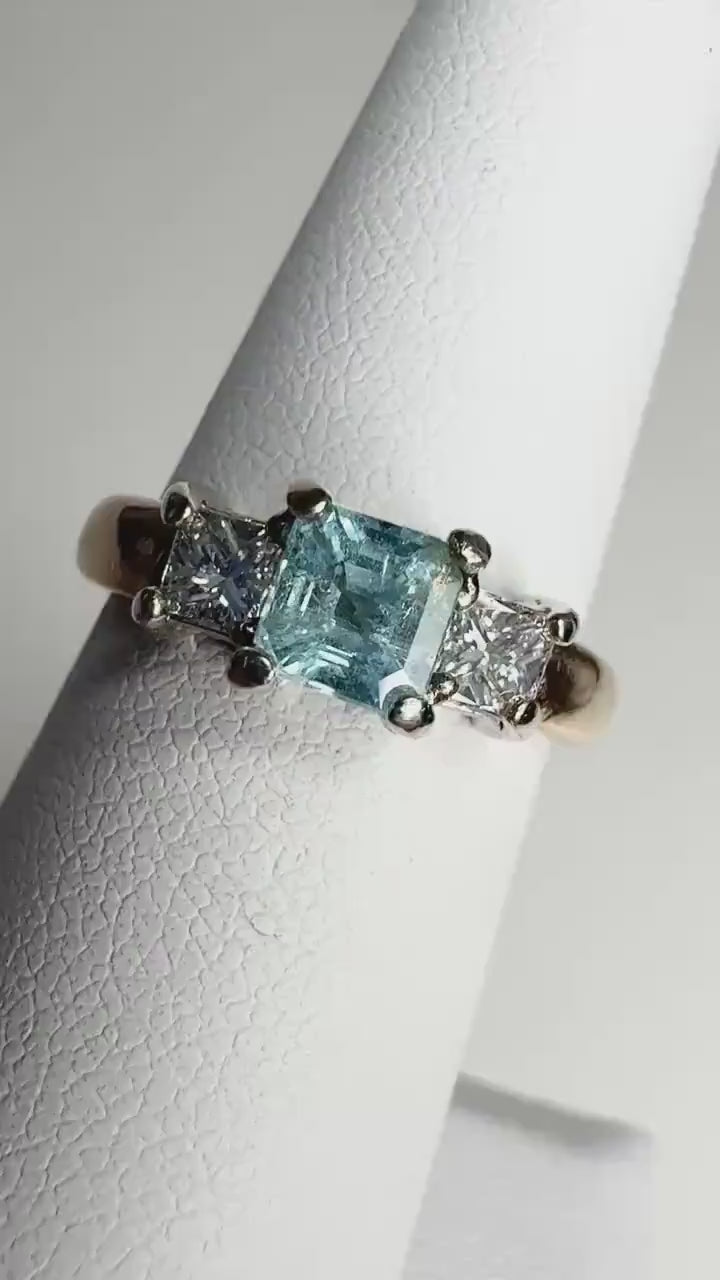 Blue Asscher Cut Paraiba Tourmaline from Mozambique and Natural Diamond in Solid 14k Gold size 5.5