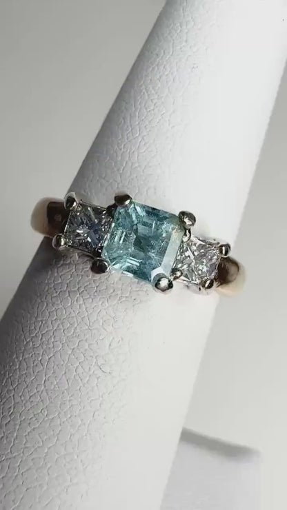 Blue Asscher Cut Paraiba Tourmaline from Mozambique and Natural Diamond in Solid 14k Gold size 5.5