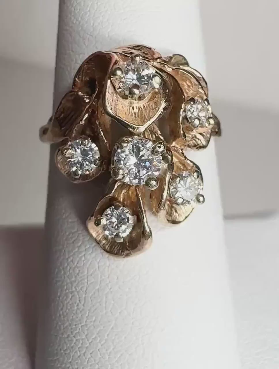 Beautiful Mid Century Cascading Floral Lilies Diamond Cocktail Style Ring in Solid 14k Gold .75ctw size 7.25