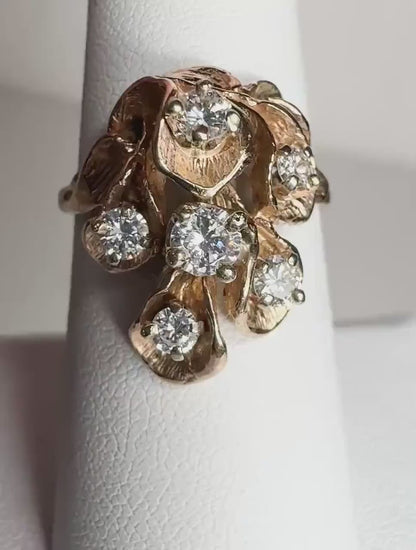 Beautiful Mid Century Cascading Floral Lilies Diamond Cocktail Style Ring in Solid 14k Gold .75ctw size 7.25