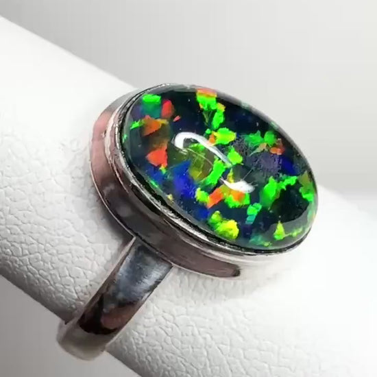 Synthetic Opal Triplet Bezel Set Solitaire Ring in Sterling Silver size 7