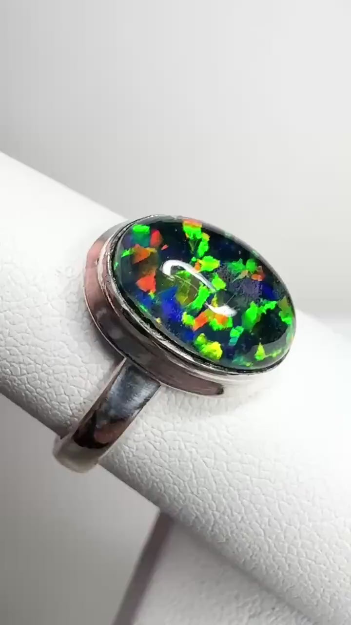 Synthetic Opal Triplet Bezel Set Solitaire Ring in Sterling Silver size 7