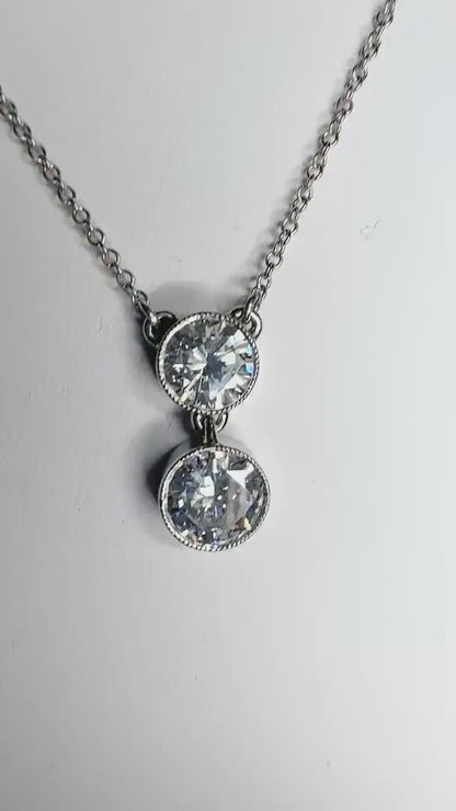 Custom Double Solitaire Natural Diamond Necklace in Solid 14k White Gold Adjustable Chain 16-18"