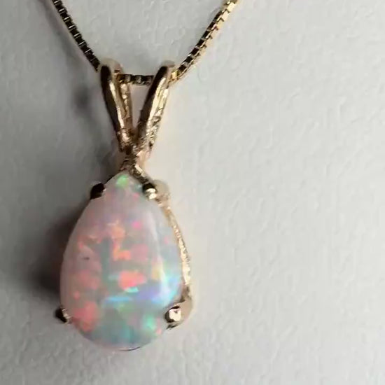 Australian Opal Solitaire Tear Drop Pearl Solitaire Pendant 10k on 14k Chain 18"