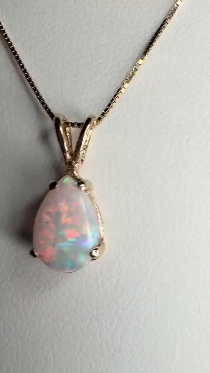 Australian Opal Solitaire Tear Drop Pearl Solitaire Pendant 10k on 14k Chain 18"